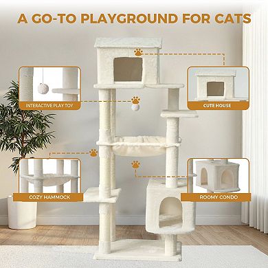 KWPZQEB Plush Cat Tower, Multi-Level Cat Tree with Unique Cat House, Hammock