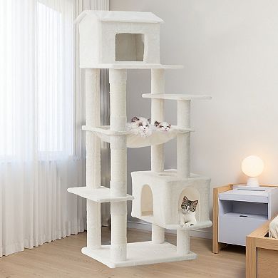 KWPZQEB Plush Cat Tower, Multi-Level Cat Tree with Unique Cat House, Hammock