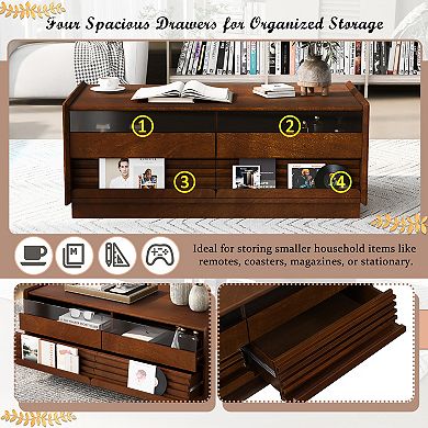 KWPZQEB Retro Fluted Style Rectangle Coffee Table with 4 Drawers & 2 Display Shelves