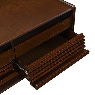 KWPZQEB Retro Fluted Style Rectangle Coffee Table with 4 Drawers & 2 Display Shelves