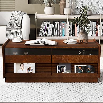 KWPZQEB Retro Fluted Style Rectangle Coffee Table with 4 Drawers & 2 Display Shelves