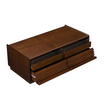 KWPZQEB Retro Fluted Style Rectangle Coffee Table with 4 Drawers & 2 Display Shelves