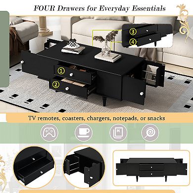 KWPZQEB Rustic Coffee Table with 2 Side Hidden Storage Compartments & 4 Drawers for Living Room