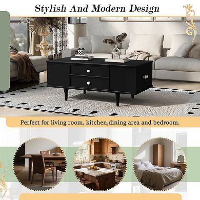 KWPZQEB Rustic Coffee Table with 2 Side Hidden Storage Compartments & 4 Drawers for Living Room