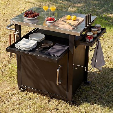 KWPZQEB Outdoor Stainless Steel Top Kitchen Island with Spice & Paper Rack, Black
