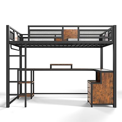 KWPZQEB Twin XL Metal Industrialstyle Loft Bed Frame with Desk and Drawers, No Spring Box Needed