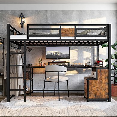 KWPZQEB Twin XL Metal Industrialstyle Loft Bed Frame with Desk and Drawers, No Spring Box Needed