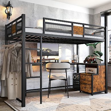 KWPZQEB Twin XL Metal Industrialstyle Loft Bed Frame with Desk and Drawers, No Spring Box Needed