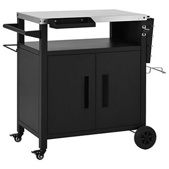 KWPZQEB Outdoor Metal Grill Cart with Drop Leaf and Stainless Steel Top, 4 Wheels