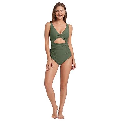 Women's Twist Front V Neck Cutout Ruched Tummy Control One Piece Swimsuit with Open Back