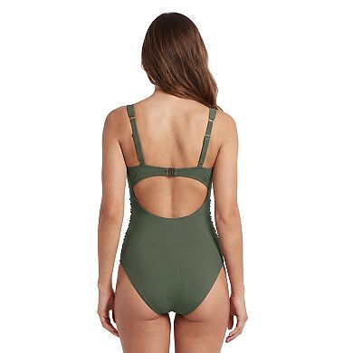 Women's Twist Front V Neck Cutout Ruched Tummy Control One Piece Swimsuit with Open Back