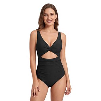 Women's Twist Front V Neck Cutout Ruched Tummy Control One Piece Swimsuit with Open Back