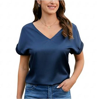 Zeagoo Women's Short Sleeve V Neck Blouse Elegant Casual Dressy Tops for Office Daily Wear