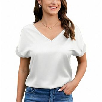 Zeagoo Women's Short Sleeve V Neck Blouse Elegant Casual Dressy Tops for Office Daily Wear