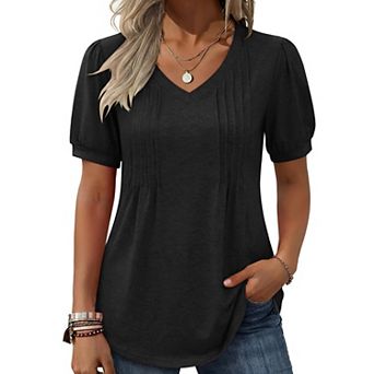 Zeagoo Women's Puff Short Sleeve Pleated Floral Print V Neck Blouses Dressy Casual Loose Summer Tops