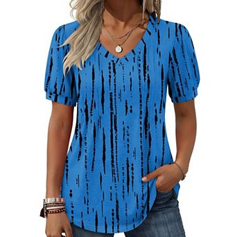 Zeagoo Women's Puff Short Sleeve Pleated Floral Print V Neck Blouses Dressy Casual Loose Summer Tops