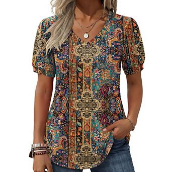 Zeagoo Women's Puff Short Sleeve Pleated Floral Print V Neck Blouses Dressy Casual Loose Summer Tops