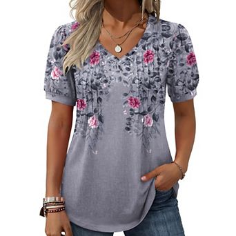 Zeagoo Women's Puff Short Sleeve Pleated Floral Print V Neck Blouses Dressy Casual Loose Summer Tops