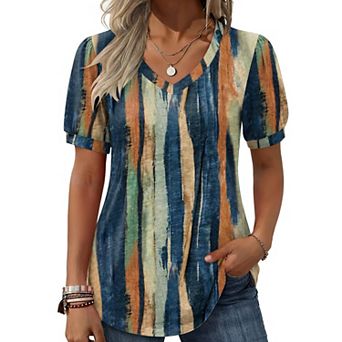 Zeagoo Women's Puff Short Sleeve Pleated Floral Print V Neck Blouses Dressy Casual Loose Summer Tops