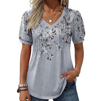 Zeagoo Women's Puff Short Sleeve Pleated Floral Print V Neck Blouses Dressy Casual Loose Summer Tops