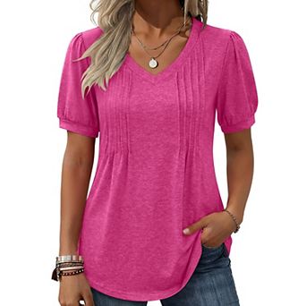 Zeagoo Women's Puff Short Sleeve Pleated Floral Print V Neck Blouses Dressy Casual Loose Summer Tops