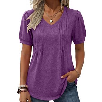 Zeagoo Women's Puff Short Sleeve Pleated Floral Print V Neck Blouses Dressy Casual Loose Summer Tops