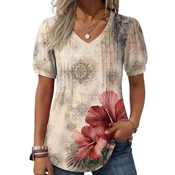 Zeagoo Women's Puff Short Sleeve Pleated Floral Print V Neck Blouses Dressy Casual Loose Summer Tops