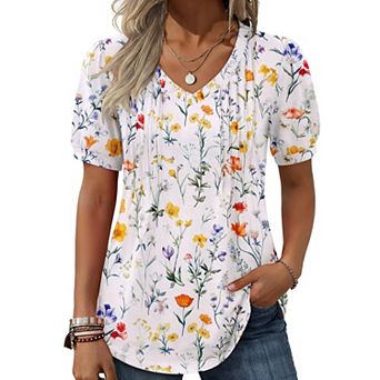 Zeagoo Women's Puff Short Sleeve Pleated Floral Print V Neck Blouses Dressy Casual Loose Summer Tops