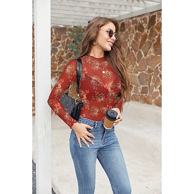 Zeagoo Women's Mesh Sheer Mock Neck Top, Long Sleeve Going Out Blouse