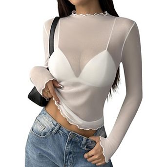 Zeagoo Women's Mesh Sheer Mock Neck Top, Long Sleeve Going Out Blouse