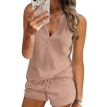 Ekouaer Pajamas Tank Top and Shorts Lounge Sets Waffle Knit V Neck Pj Short Sets Casual Outfits