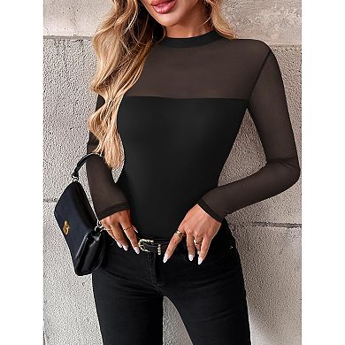 Zeagoo Women's Trendy Lace Ruched Slim Blouses Long Sleeve Sheer Mesh Round Neck Tops