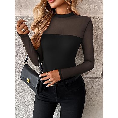 Zeagoo Women's Trendy Lace Ruched Slim Blouses Long Sleeve Sheer Mesh Round Neck Tops