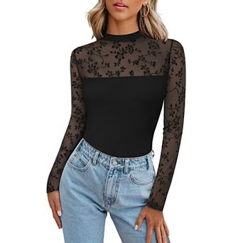 Zeagoo Women's Trendy Lace Ruched Slim Blouses Long Sleeve Sheer Mesh Round Neck Tops
