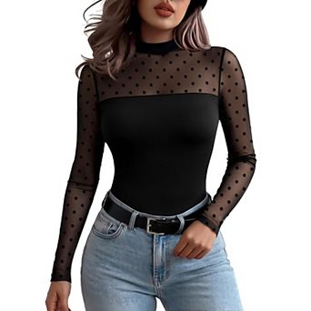 Zeagoo Women's Trendy Lace Ruched Slim Blouses Long Sleeve Sheer Mesh Round Neck Tops