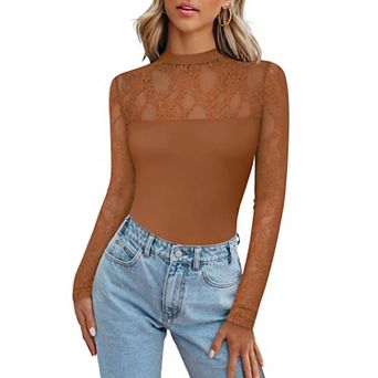 Zeagoo Women's Trendy Lace Ruched Slim Blouses Long Sleeve Sheer Mesh Round Neck Tops