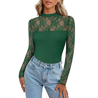 Zeagoo Women's Trendy Lace Ruched Slim Blouses Long Sleeve Sheer Mesh Round Neck Tops