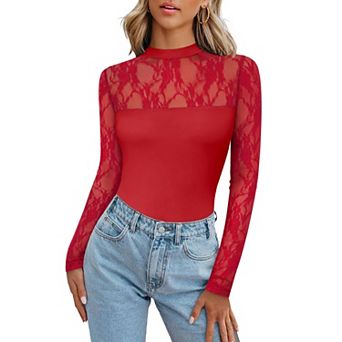 Zeagoo Women's Trendy Lace Ruched Slim Blouses Long Sleeve Sheer Mesh Round Neck Tops