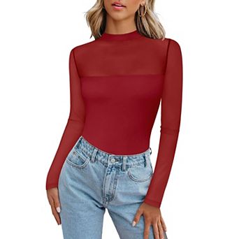 Zeagoo Women's Trendy Lace Ruched Slim Blouses Long Sleeve Sheer Mesh Round Neck Tops