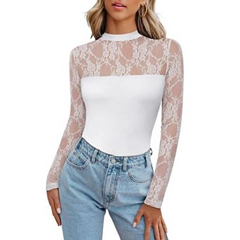 Zeagoo Women's Trendy Lace Ruched Slim Blouses Long Sleeve Sheer Mesh Round Neck Tops