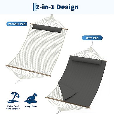 2 Person Outdoor Hammock with Stand Cotton Rope Hammock with Polyester Pad Adjustable Steel Frame