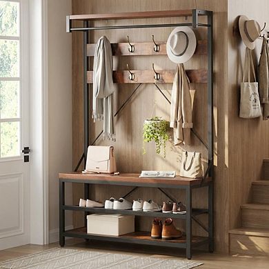 Industrial Storage Bench with Large Shoe Rack Shelf - 8 Hooks