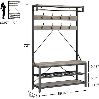 Industrial Storage Bench with Large Shoe Rack Shelf - 8 Hooks