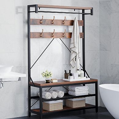 Industrial Storage Bench with Large Shoe Rack Shelf - 8 Hooks