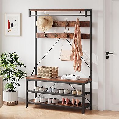 Industrial Storage Bench with Large Shoe Rack Shelf - 8 Hooks