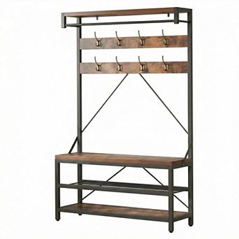 Industrial Storage Bench with Large Shoe Rack Shelf - 8 Hooks
