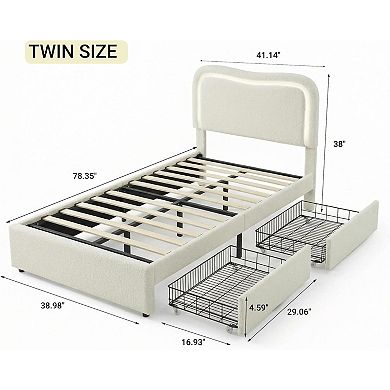 Boucle Bed Frame with 2 Drawers, Upholstered Platform Bed with Headboard, No Box Spring Needed