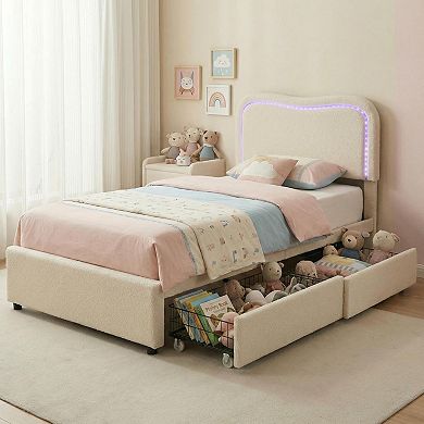 Boucle Bed Frame with 2 Drawers, Upholstered Platform Bed with Headboard, No Box Spring Needed