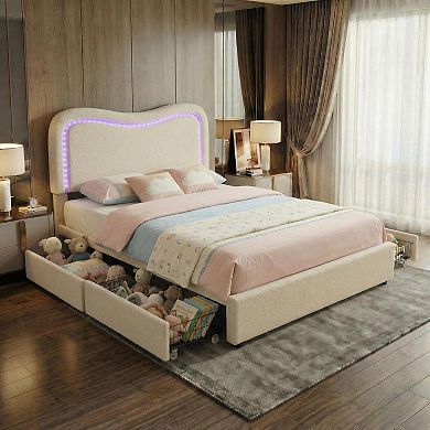 Boucle Bed Frame with 2 Drawers, Upholstered Platform Bed with Headboard, No Box Spring Needed