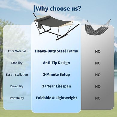 Double Hammock with Stand for Outdoor Portable 2 Person Hammock with Adjustable Steel Stand
